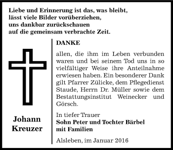 Traueranzeige von Johann Kreuzer von Mitteldeutsche Zeitung Bernburg