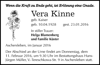 Traueranzeige von Vera Kinne von Mitteldeutsche Zeitung Aschersleben
