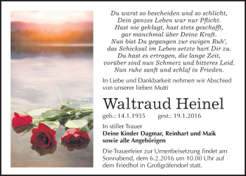 Traueranzeige von Waltraud Heinel von Mitteldeutsche Zeitung Merseburg/Querfurt