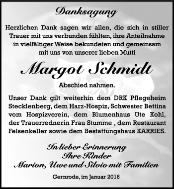 Traueranzeige von Margot Schmidt von Mitteldeutsche Zeitung Quedlinburg