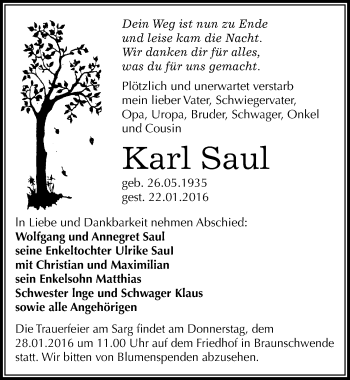 Traueranzeige von Karl Saul von Mitteldeutsche Zeitung Mansfelder Land