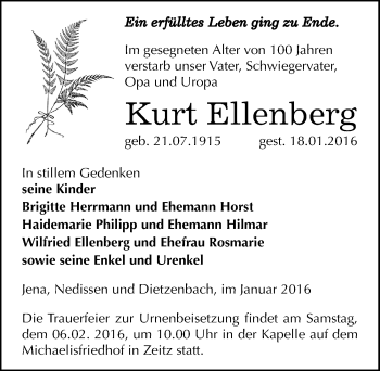 Traueranzeige von Kurt Ellenberg von Mitteldeutsche Zeitung Zeitz