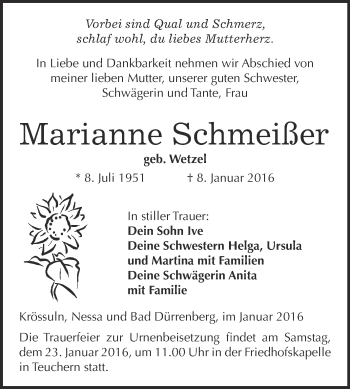 Traueranzeige von Marianne Schmeißer von WVG - Wochenspiegel NMB / WSF / ZTZ