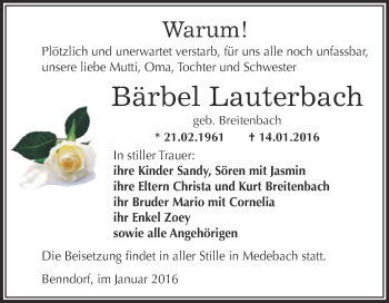Traueranzeige von Bärbel Lauterbach von Wochenspiegel Mansfelder Land