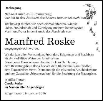 Traueranzeige von Manfred Roske von Mitteldeutsche Zeitung Sangerhausen