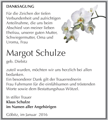 Traueranzeige von Margot Schulze von Super Sonntag Zeitz