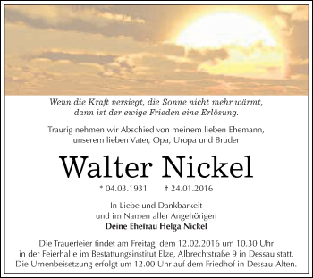 Traueranzeige von Walter Nickel von WVG - Wochenspiegel Dessau / Köthen