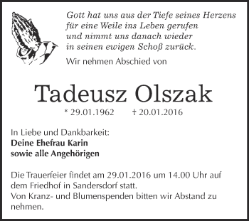 Traueranzeige von Tadeusz Olszak von WVG - Wochenspiegel Bitterfeld