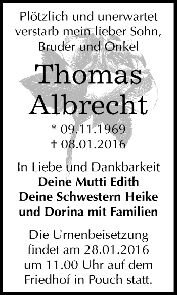 Traueranzeige von Thomas Albrecht von Mitteldeutsche Zeitung Bitterfeld