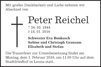 Traueranzeige von Peter Reichel von WVG - Wochenspiegel Merseburg