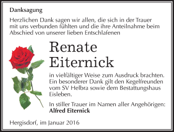 Traueranzeige von Renate Eiternick von Mitteldeutsche Zeitung Mansfelder Land