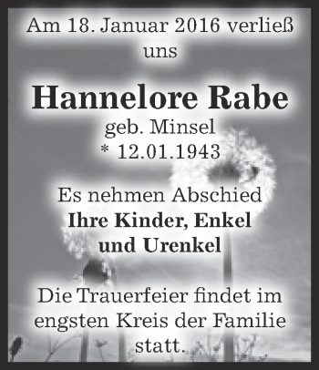 Traueranzeige von Hannelore Rabe von Super Sonntag Dessau / Köthen