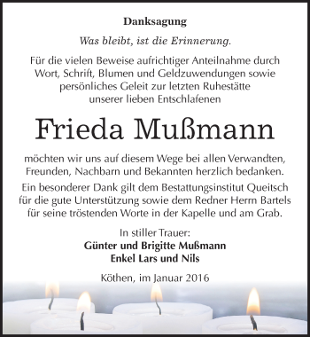 Traueranzeige von Frieda Mußmann von Mitteldeutsche Zeitung Köthen