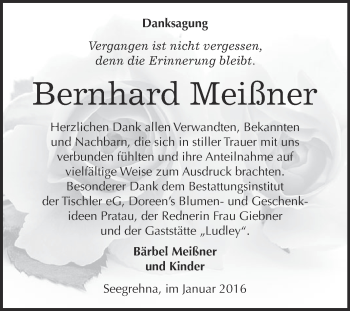 Traueranzeige von Bernhard Meißner von WVG - Wochenspiegel Wittenberg