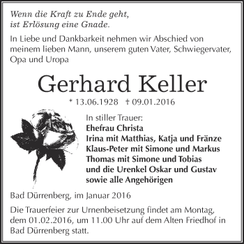 Traueranzeige von Gerhard Keller von Super Sonntag Merseburg