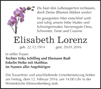 Traueranzeige von Elisabeth Lorenz von WVG - Wochenspiegel Wittenberg