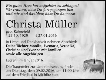 Traueranzeige von Christa Müller von Mitteldeutsche Zeitung Weißenfels