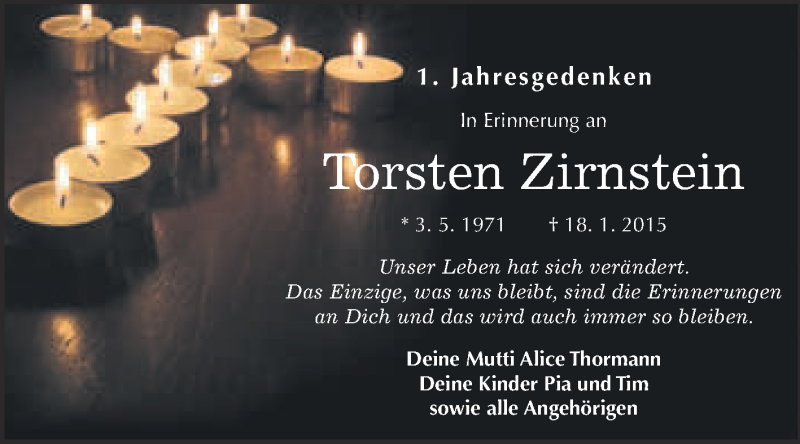  Traueranzeige für Torsten Zirnstein vom 23.01.2016 aus Super Sonntag Wittenberg