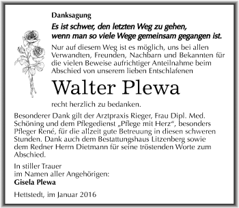 Traueranzeige von Walter Plewa von Mitteldeutsche Zeitung Mansfelder Land
