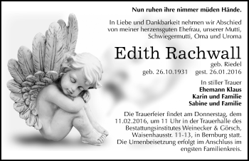 Traueranzeige von Edith Rachwall von Mitteldeutsche Zeitung Bernburg