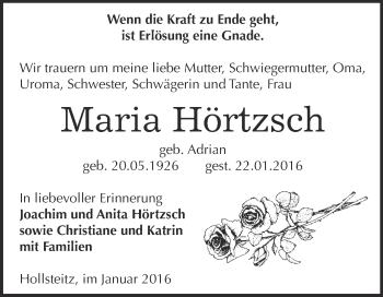 Traueranzeige von Maria Hörtzsch von Super Sonntag Zeitz