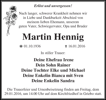 Traueranzeige von Martin Hennig von WVG - Wochenspiegel Dessau / Köthen