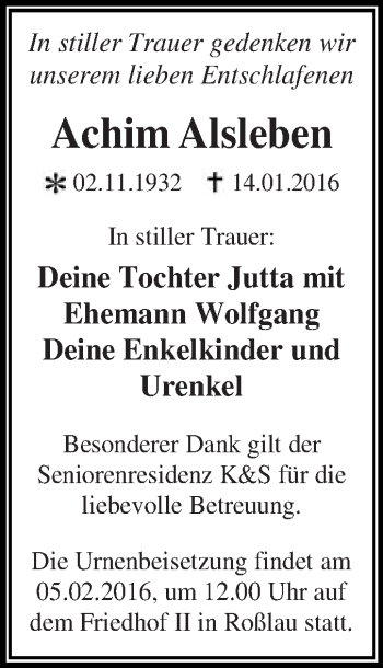 Traueranzeige von Achim Alsleben von WVG - Wochenspiegel Dessau / Köthen