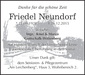 Traueranzeige von Friedel Neundorf von Super Sonntag Wittenberg