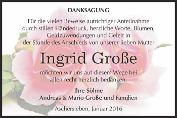 Traueranzeige von Ingrid Große von Super Sonntag Aschersleben