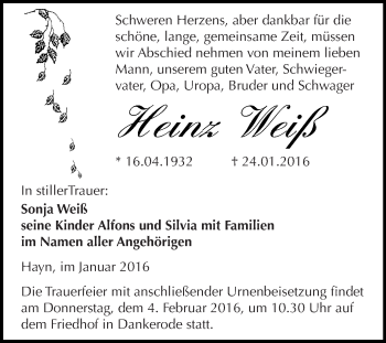 Traueranzeige von Heinz Weiß von WVG - Wochenspiegel Quedlinburg