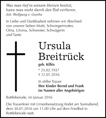 Traueranzeige von Ursula Breitrück von WVG - Wochenspiegel SGH