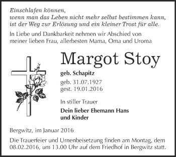 Traueranzeige von Margot Stoy von WVG - Wochenspiegel Wittenberg