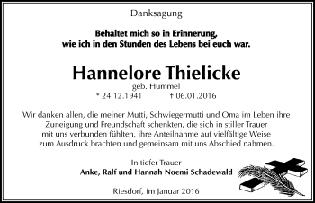 Traueranzeige von Hannelore Thielicke von Mitteldeutsche Zeitung Köthen