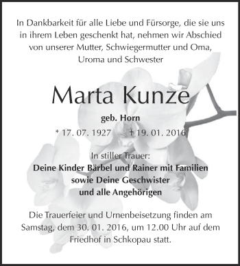 Traueranzeige von Marta Kunze von WVG - Wochenspiegel Merseburg