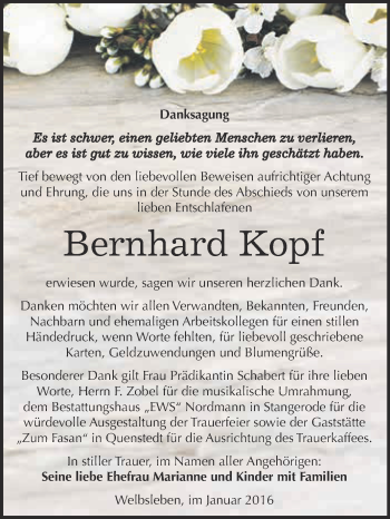 Traueranzeige von Bernhard Kopf von Wochenspiegel Mansfelder Land
