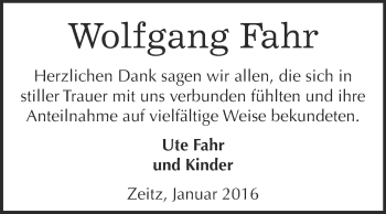 Traueranzeige von Wolfgang Fahr von Super Sonntag Zeitz
