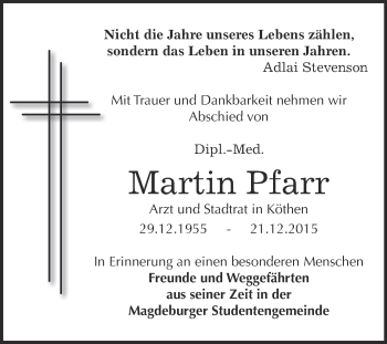 Traueranzeige von Martin Pfarr von Super Sonntag Aschersleben