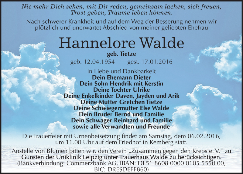  Traueranzeige für Hannelore Walde vom 23.01.2016 aus Mitteldeutsche Zeitung Wittenberg