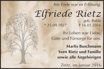 Traueranzeige von Elfriede Rietz von Super Sonntag Zeitz