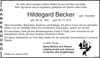 Traueranzeige von Hildegard Becker von WVG - Wochenspiegel NMB / WSF / ZTZ