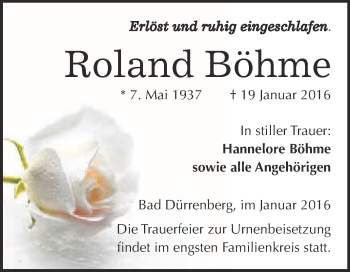 Traueranzeige von Roland Böhme von Super Sonntag Merseburg