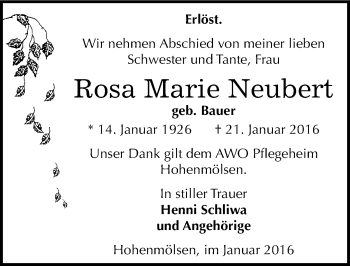 Traueranzeige von Rosa Marie Neubert von Mitteldeutsche Zeitung Weißenfels