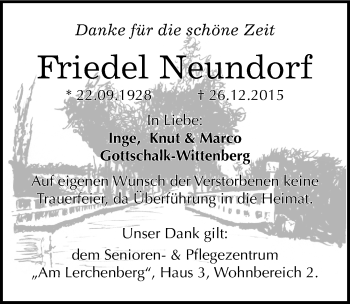 Traueranzeige von Friedel Neundorf von Mitteldeutsche Zeitung Wittenberg