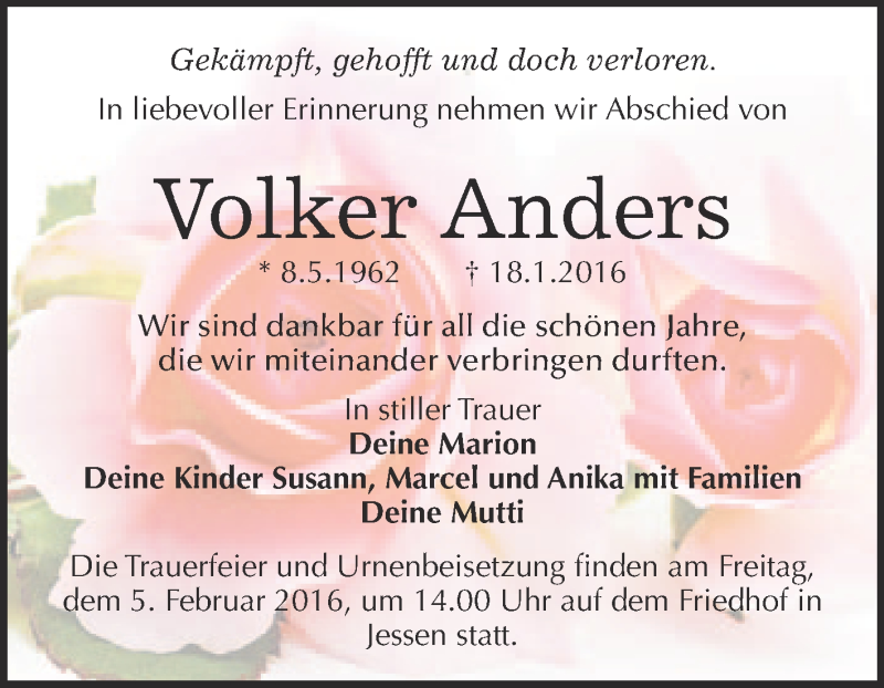  Traueranzeige für Volker Anders vom 23.01.2016 aus WVG - Wochenspiegel Wittenberg