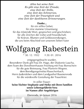 Traueranzeige von Wolfgang Rabestein von Mitteldeutsche Zeitung Naumburg/Nebra
