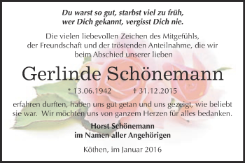 Traueranzeige von Gerlinde Schönemann von WVG - Wochenspiegel Dessau / Köthen