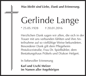 Traueranzeige von Gerlinde Lange von Super Sonntag Zeitz