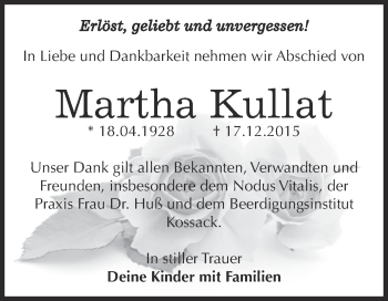 Traueranzeige von Martha Kullat von Super Sonntag Dessau / Köthen