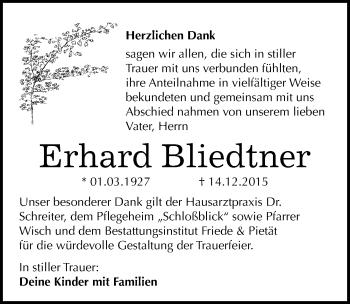 Traueranzeige von Erhard Bliedtner von Mitteldeutsche Zeitung Weißenfels