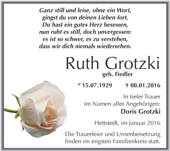 Traueranzeige von Ruth Grotzki von Wochenspiegel Mansfelder Land